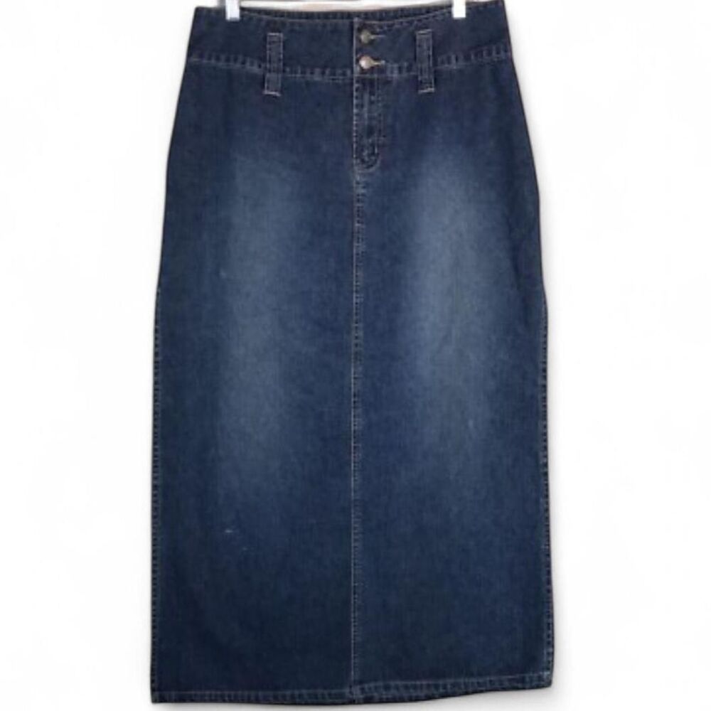 Vintage 90’s Dark wash Cotton Denim Maxi Skirt W/Double buttons & Side Slits.